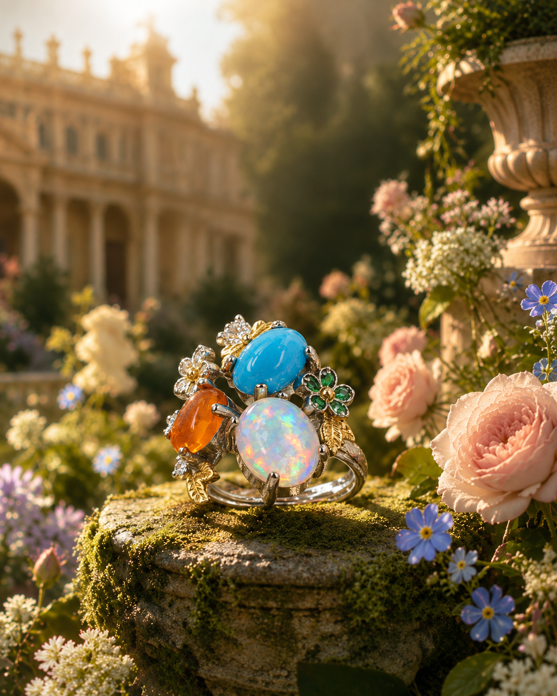 Moonlit Opal Garden Ring in its garden-inspired setting
